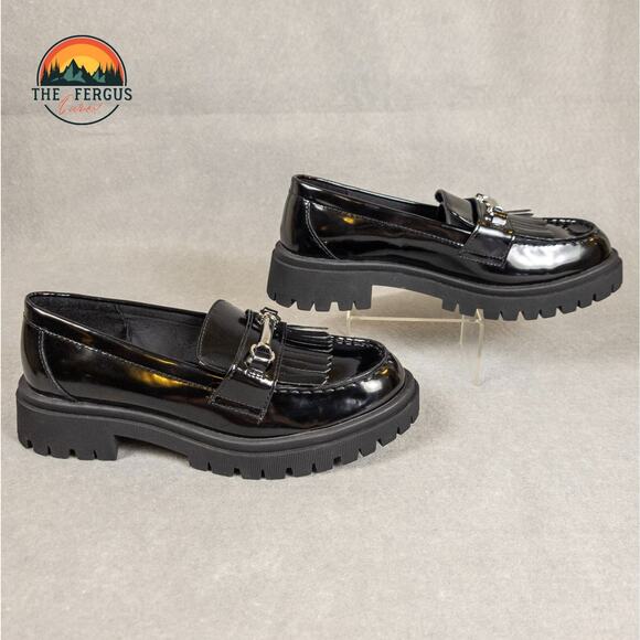 Old Navy Loafer Shoes Black Patent Faux Leather Lug Chunky Heel Women's Size 8.5 - Picture 3 of 11